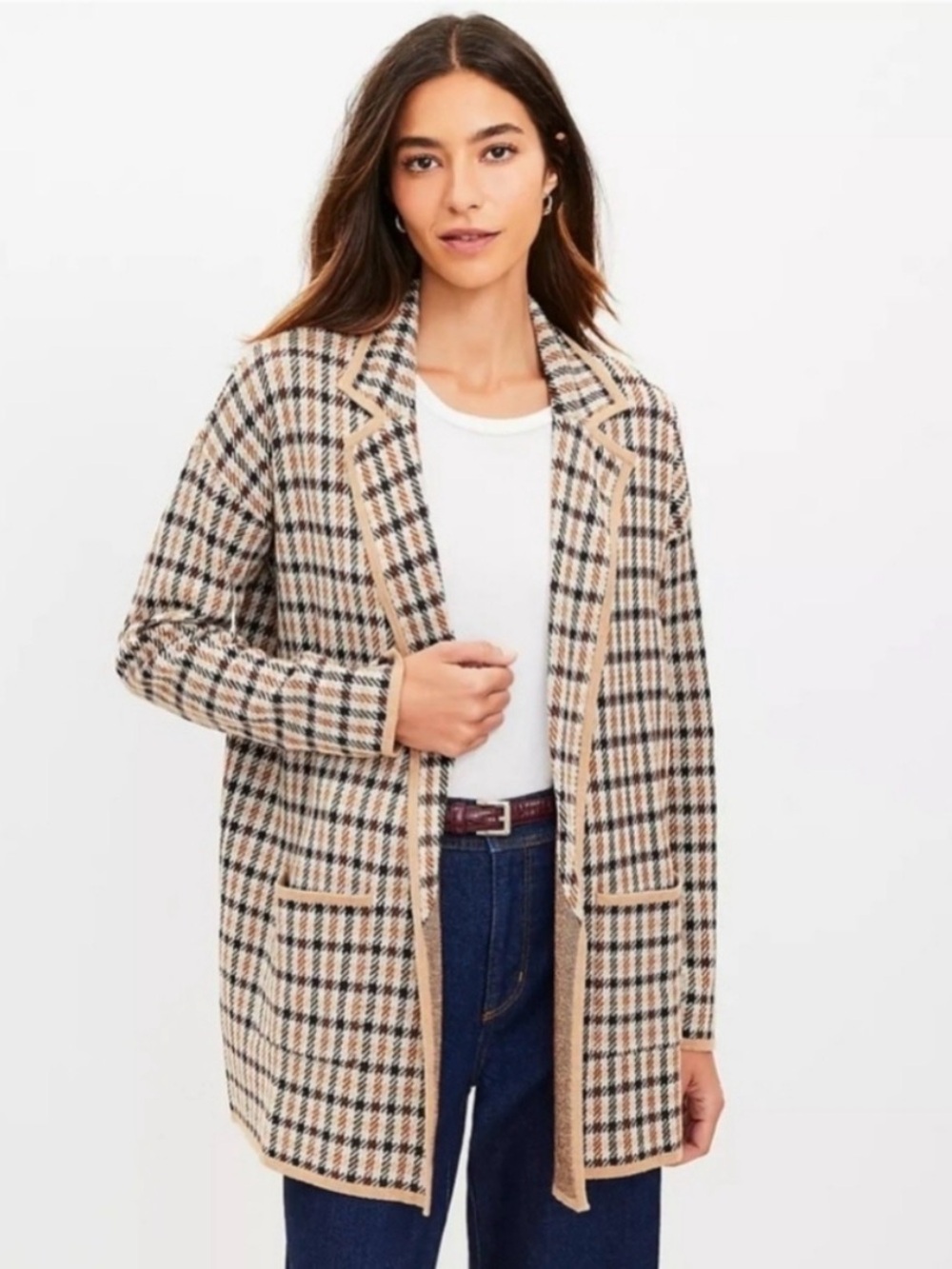 LOFT Plaid Open-Front Blazer in Beige and Black
